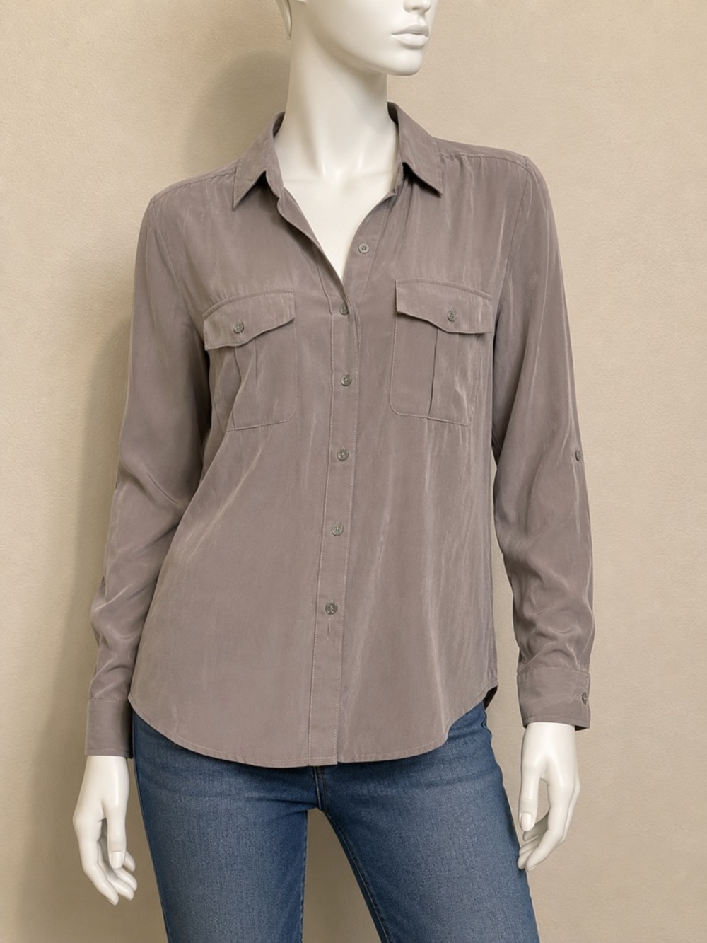 Taupe Long-Sleeve Button Front Shirt - Women CHICOS. Size 2  (L/XL)